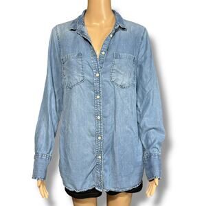 Merona Womens Chambray Tunic Top Button Down Collared Long Sleeve Blue Medium